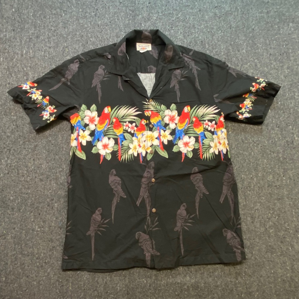 Pacific Legend Tropical Mens XL Black Parrot Floral Hawaiian Camp Shirt USA Made